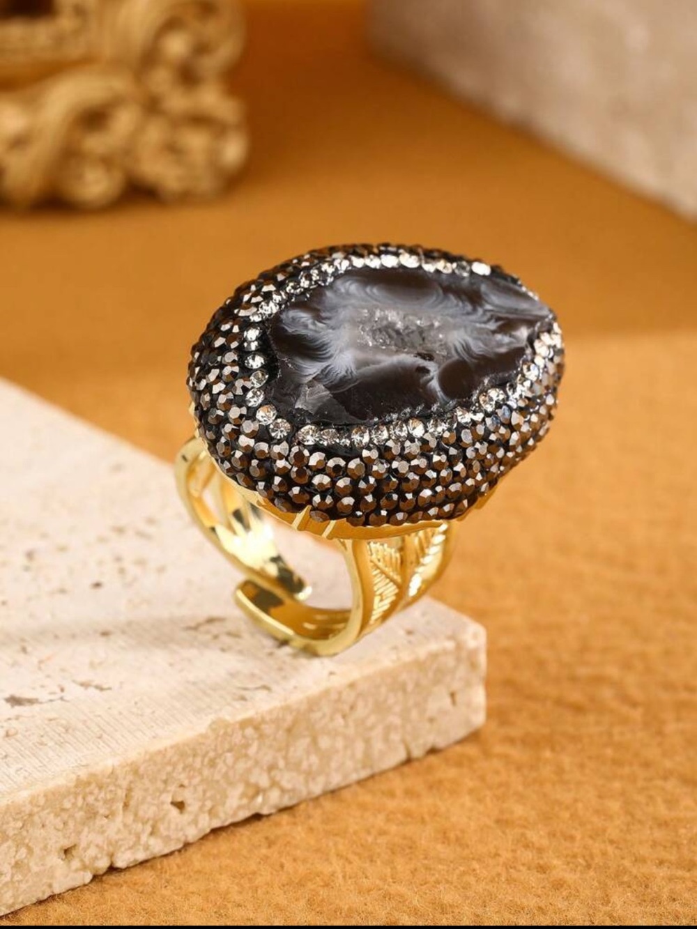 Gold-Plated Black Druzy Statement Ring adjustable 7